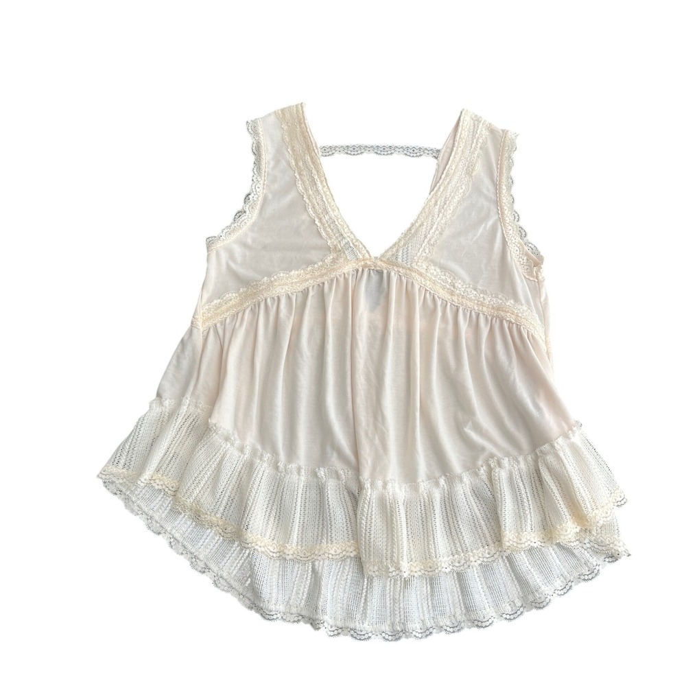 POL Women's Small Cream Lace Trim Babydoll Festival Tank Top Ruffle Hem Boho
